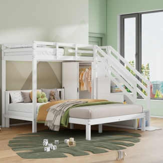 Merax Etagenbett 90*200cm+140*200cm, Kinderetagenbett, mit Garderobe, Multifunktionales Kinderbett, Mit Aufbewahrungstreppe, Ohne Matratze, Weiß