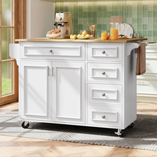 Merax Kücheninsel, Küchensiland, Küchenschrank, Abnehmbare Servierwagen buffetschrank, Speisewagen mit Vintage-Muster, buffetschrank, Multifunktionale Esstisch mit Speicherraum, weiß