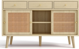 i@home Sideboard mit 3 Schubladen und 3 Schiebetüren, Rattangeflecht auf den Türfronten, Eiche,120 x 40 x 78 cm