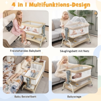 4 in 1 Mobiles Babybett mit Moskitonetz & Matratze & 6 Verstellbaren Höhen Beige
