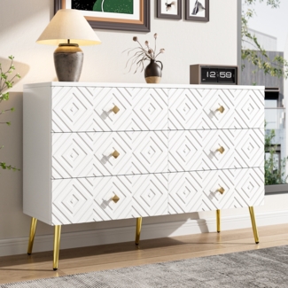 LVHOM Kommode mit 6 Schubladen und goldenen Metallbeine, Schubkastenkommode Sideboard Scandi Aufbewahrungsschrank, TV-Schrank Anrichte, Mehrzweckschrank Schrank, Weiß