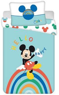 Disney Baby Kinder Wendebettwäsche Mickey Mouse Regenbogen Hello Happy Cool Türkis Bettdecke 100x135 + Kopfkissen 40x60 cm, 100% Baumwolle