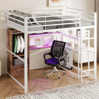 Hochbett mit Schreibtisch, Stauraum und LED-Beleuchtung, 140x200 cm, Metallbett mit Rausfallschutz, Jugendbett