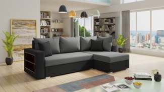 Ecksofa Lord mit praktischen Regal - Sofa mit Bettkasten und Schlaffunktion, Schlafsofa, Polsterecke, Couch L-Form, Couchgarnitur, Sofagarnitur (Schwarz + Grau (Alova 04 + 10), Ecksofa Rechts)
