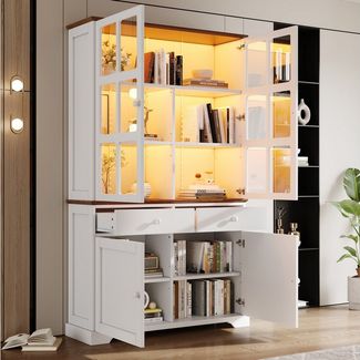 Merax Glasvitrine mit LED-Beleuchtung, Standvitrine Standregal Schrank Wohnzimmerschrank (Perfekt für Wohnzimmer und Ausstellungen, 1-St) Vitrine mit 2 Schubladen, 4 Schranktüren & Stauraum, 120×36,5×200cm