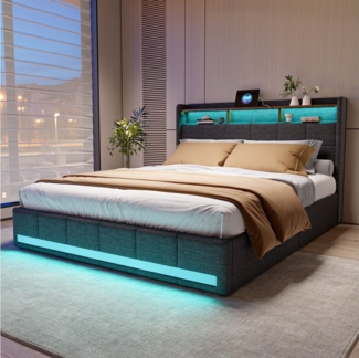 Furnishings Home Polsterbett LED Doppelbett 140x200 cm, Stauraumbett mit Kopfteil und 4 Schubladen (Leinenmaterial Polsterbett mit RGB Beleuchtung), mit Lattenrost und Ladefunktion, mit Komforthöhe, Leises Design Bett