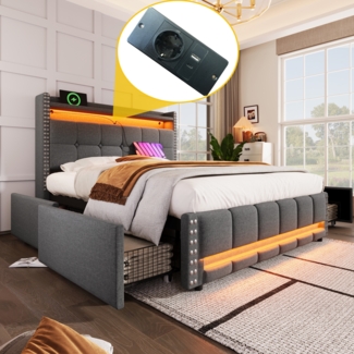Polsterbett 140x200 mit LED-Beleuchtung, USB-Anschluss & Stauraum, graues Leinenbett mit Schublade