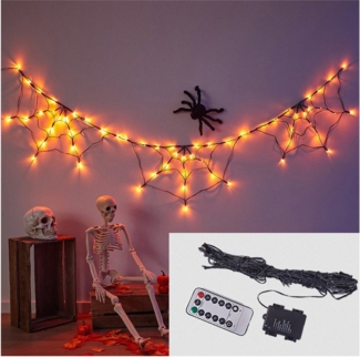 QUBEBU Lichternetz Spinnweben Lichterkette Halloween Dekoration für Innen, 180cm, Spinnennetz Licht für Halloween Party Hof Bar Haunted House