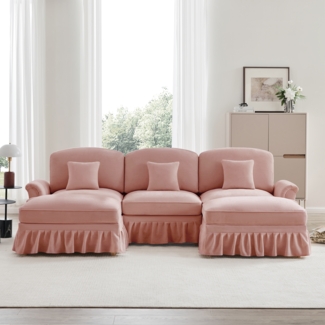 Klassisches modulares U-förmiges Sofa, Chenille, Trichter-Armlehnen, abnehmbare Rüschenschürze, spindelförmige Beine, beweglicher Hocker, weiches, tiefes Cloud-Sofa fürs Wohnzimmer, rosa