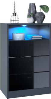 Vladon Kommode Pino V2, Anrichte mit 3 Schubladen & 1 offenem Fach, Anthrazit matt/Schwarz Hochglanz mit LED RGB (56 x 86,5 x 36 cm)
