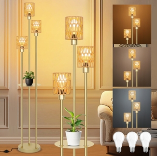 MUPOO Stehlampe Rattan Stehlampe Wohnzimmer,3-flammige Vintage Stehleuchte mit Regal, Modern Stehlampe Dimmbare mit Rattan Lampenschirm&Fußschalter