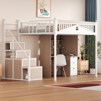 Merax Metall-Hochbett 140 x 200 cm, Etagenbett, Kinderbett Metall-Sicherheitszaun, Kletterleiter von links nach rechts austauschbar, Sicherheitsleiter mit Spinden, Weiß