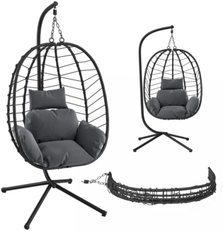 STEELSØN 'Alarian' Hängesessel mit Metallgestell, höhenverstellbar und faltbar, wetterfest, dunkelgrau/schwarz, bis 150 kg belastbar, inkl. Kissen