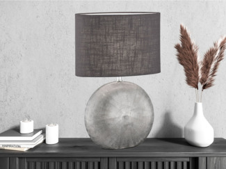 LED Tischlampe mit Keramikfuß Silber & Lampenschirm Leinen Anthrazit, 53cm groß