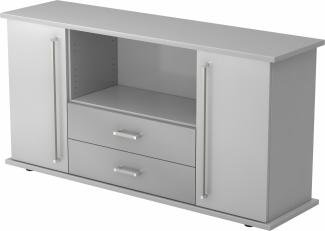 bümö Sideboard grau mit Flügeltüren & Regal - Büromöbel Sideboard mit Schubladen Holz 166cm breit, 45cm schmal, Büro Schrank für Flur oder als Wohnzimmer-Kommode mit Chromgriff, SBTS-5-5-CE