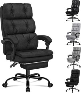 Bürostuhl mit 150° Neigung, 360° Drehung, Fußstütze, Leinenstoff, Schwarz