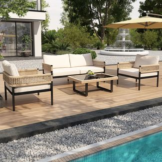 Merax Gartenlounge Set Gartenmöbelsets 4-tlg, Terassenmöbelset mit Gartentisch und Gartensofa, Balkonmöbelset aus Seil, Gartengarnitur 4 Personen