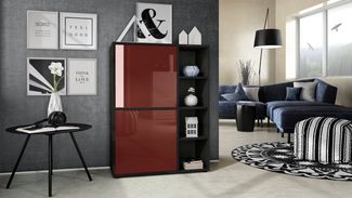 Highboard Schrank Anrichte Cuba mit 8 Fächern, Korpus in Schwarz matt / Fronten in Bordeaux Hochglanz