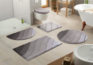 Kleine Wolke Badematte Donna, Höhe 20 mm, rutschhemmend beschichtet, fußbodenheizungsgeeignet, schnell trocknend, Polyester, rechteckig, 3-tlg. Hänge-WC Set, Wellen Design, Pastell, 3-tlg. Set, rechteckig & rund erhältlich