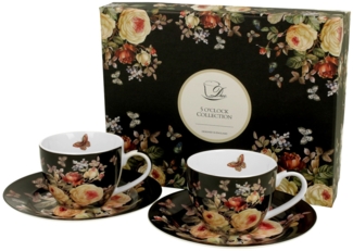 DUO FLORAL 2er-Set Espressotassen 90 ml WARDA mit Untertassen, New Bone China Porzellan