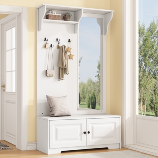 Merax 180cm Garderoben mit Spiegel, 5 Kleiderhaken, 2 Schränken und Regal, Flur Garderobenständer Kleiderständer mit Schuhschrank, Flurgarderoben, Kompaktgarderobe, Weiß