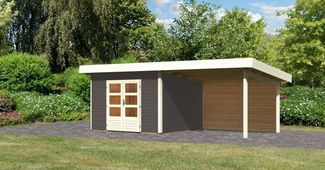 Gartenhaus Northeim 3 - 309x309 cm plus Anbaudach 3,30 m mit Rückwand, 38 mm Holz terragrau, Karibu