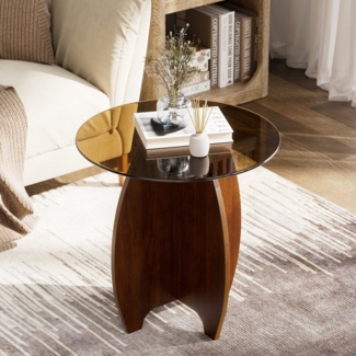 TWSOUL Couchtisch Runder Glas-Couchtisch mit gehärteter Platte, Moderner Beistelltisch aus Massivholz für Wohnzimmer, Büro & Zuhause