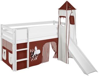 Lilokids 'Jelle' Spielbett 90x200 cm, Pferde Braun Beige, Kiefer massiv, mit Turm, Rutsche und Vorhang