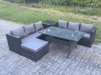 Fimous Polyrattan Gartenmöbel Set Terrassen Rattan Rechteckiger Esstisch Lounge Sofa mit Großer Fußhocker Beistelltisch 7 Sitzer Dunkelgrau gemischt