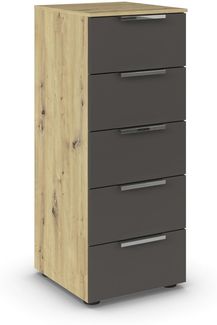 Rauch Möbel Flipp, Kommode für Schlafzimmer, Kinderzimmer, Wohnzimmer, Jugendzimmer, Flur, Garderobe, 5 Schubladen, mit Softclose Funktion, Farbe Eiche Artisan, Holz/Graphit, Schwarz, Breite 40 cm