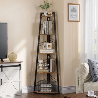 YITAHOME Industrielles Eckregal mit 5 Ebenen, modernes bodenstehendes Bücherregal, Leiterregal, Holz, rustikales braunes Ausstellungsregal für Wohnzimmer, Flur, Heimbüro