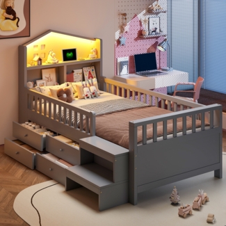 Merax Kinderbett Einzelbett, 90 x 200 cm, Massivholzbett Mit Sicherheitsgitter, Mit 4 Schubladenlager, mit LED-Leuchten, USB- und Typ-C-Ladeanschlüssen, Grau