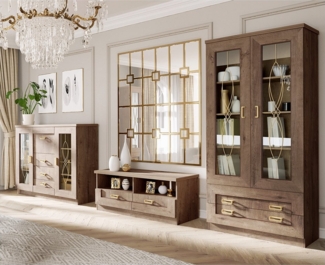 Lomadox Wohnzimmer-Set TEORA-161, (Mega-Spar-Set, 3-St, Vitrinenschrank Lowboard Sideboard), in Lefkas Eiche Vitrinentüren mit Verzierung rustikal Metallgriffe