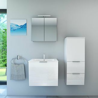 Badmöbel Set Gently 1 V2 R Weiß MDF Waschtisch 60cm mit 5W LED-Strahler / Energiebox