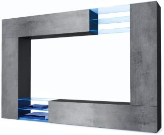 Vladon Wohnwand Mirage, Anbauwand mit Rückwand mit 2 Türen, 2 Klappen und 6 offenen Glasablagen, Schwarz matt/Beton Dunkel Optik, inkl. LED-Beleuchtung (262 x 183 x 39 cm)