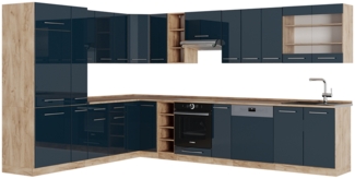 Eckküche Fame-Line Dunkelblau Hochglanz/Goldkraft Eiche 347 x 60 cm , AP Eiche Vicco