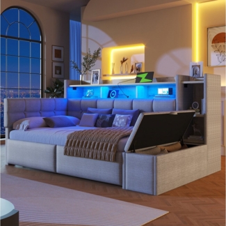 Merax Daybett 90x190 cm mit LED Lichtleiste, USB & Typ-C (Schlafsofa Sofabett Jugendbett Kinderbett, 1 tlg), Tagesbett mit 2 Schubladen, Ablagefach, Stauraumbank am Fußende, Samt