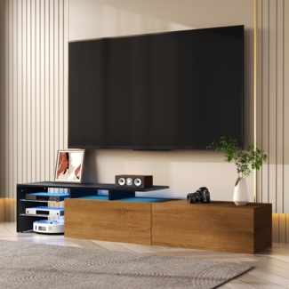 TV-Schrank 170cm Schwarz und Holzoptik mit LED Beleuchtung,Stauraum und Glasregalen