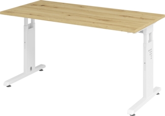 bümö Homeoffice Schreibtisch O-Serie höhenverstellbar, Tischplatte 140 x 67,2 cm in Asteiche, Gestell in weiß, OS6-14-R-W
