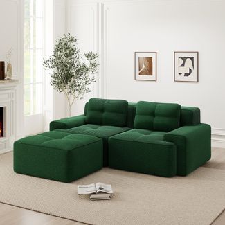 Flieks 2-Sitzer Sofa, Modular L-Form Schlafsofa, Tiefsofa Loveseat mit Ottoman & 2 Kissen, Cord, Grün