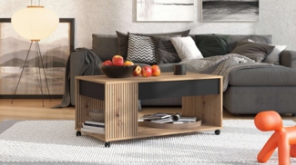 Home affaire Couchtisch Mayenne Kaffeetisch, 101 cm, rechteckig, modern design, mit rollen, mit Schublade, mit dekorativen schwarzen Streifen, in Artisan Eiche