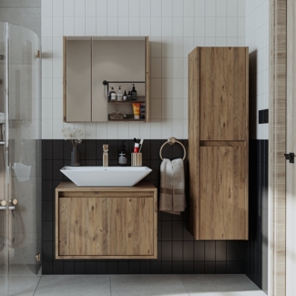 Roomart Badmöbel Set ATLANTIC 4-teilig, 65cm Unterschrank mit Keramikwaschbecken • Spiegelschrank • Hochschrank