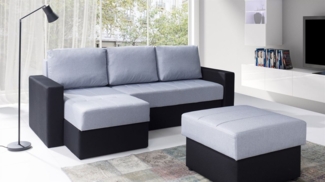 Ecksofa Schlafsofa LABRI inkl. Hocker Schwarz/ Hellgrau Ottomane Links