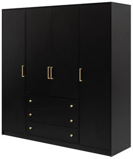 Beautysofa Drehtürenschrank RILO mit 4 Türen und goldfarbene Griffe (Kleiderstange, 8 Regalböden, 3 Schubladen, Farbe: Weiß oder Schwarz) Breite: 196 cm