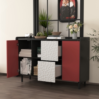Schwarzes Sideboard-Buffetschrank mit roten Türen – 2 Schubladen und offener Stauraum für Küche und Wohnzimmer