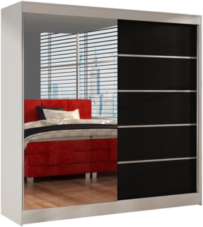 Schwebetürenschrank Basti III 200 cm mit Spiegel - Kleiderschrank, Schiebetürenschrank mit Kleiderstange und Einlegeboden, Schlafzimmerschrank, Schiebetüren, 200 x 215 x 58 cm (Weiß/Schwarz)