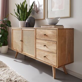 Design Sideboard 140 x 75 x 40 cm Mango Massivholz | Kommode 3 Schubladen | Hoher Kommodenschrank Holz Massiv | Standschrank Wohnzimmer| 2 Türfächer