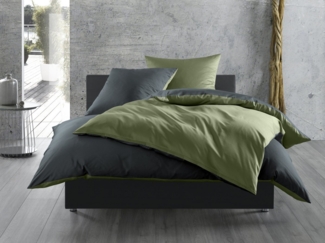 Mako Satin Wende Bettwäsche dunkelgrün anthrazit 200x200 + 2x 80x80