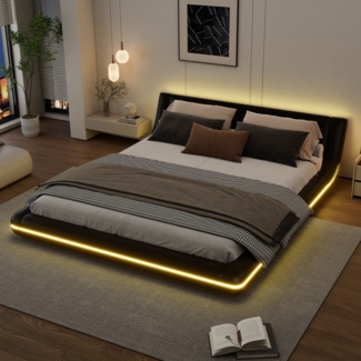 Merax Doppelbett 160x200 cm Polsterbetten, Flachbett, Bodenbett, mit LED-Umgebungslicht, PU, Schwarz