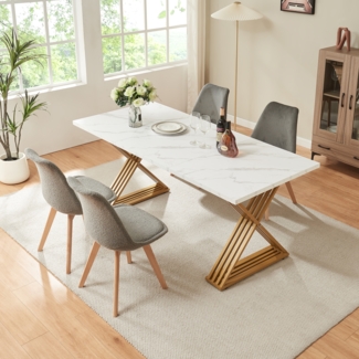 Esstisch Hujaari für 6 Personen Marmoroptik, weiß / Gold [en. casa]